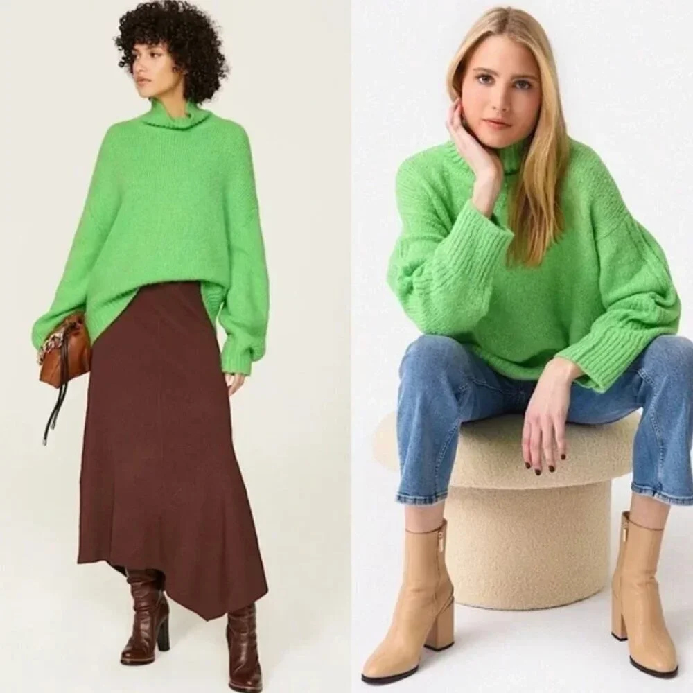 A.L.C. Alpaca Merino Wool Knit Oversized Slouchy Pullover Turtleneck Sweater - Picture 1 of 7
